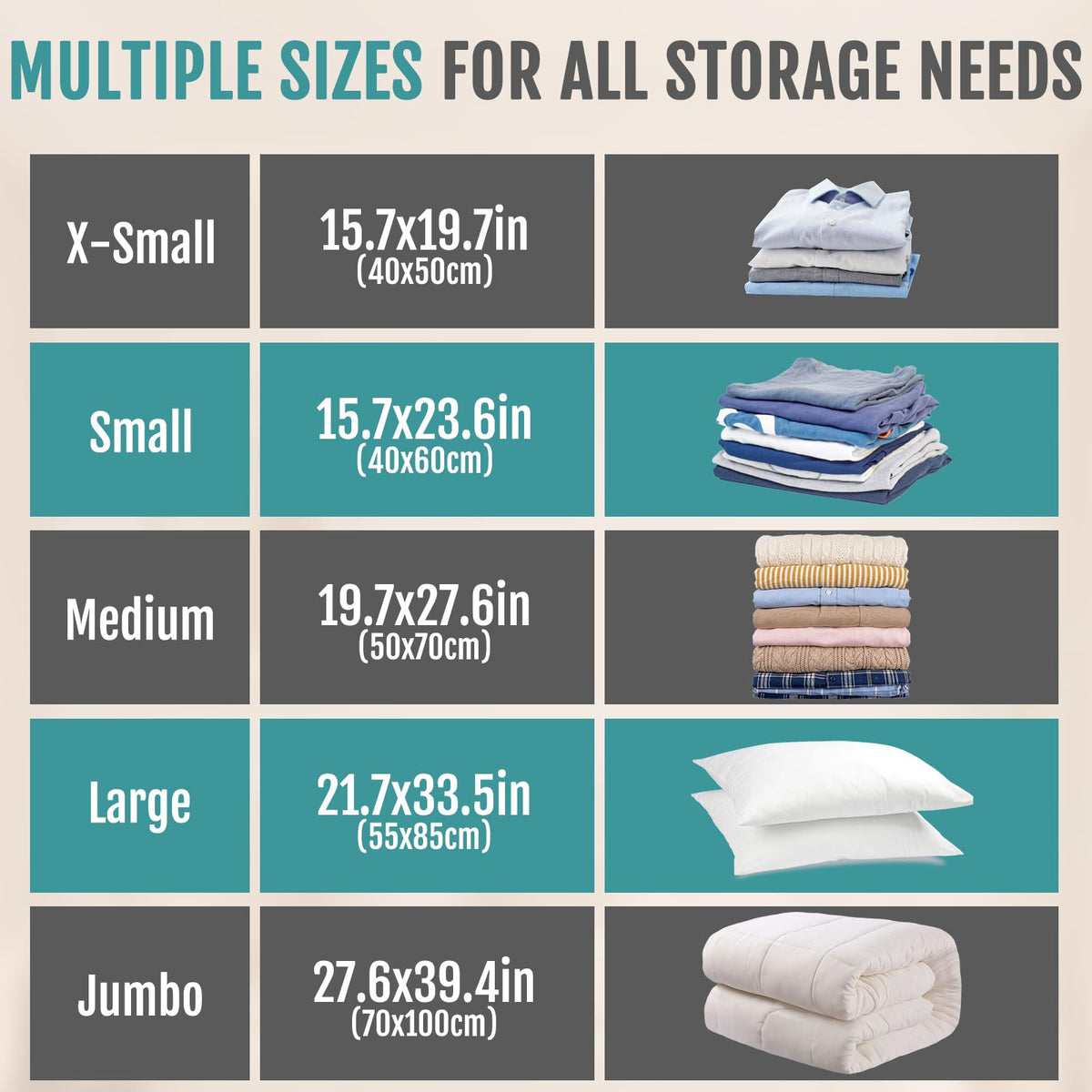 FYGRIP vacuum storage bag size guide