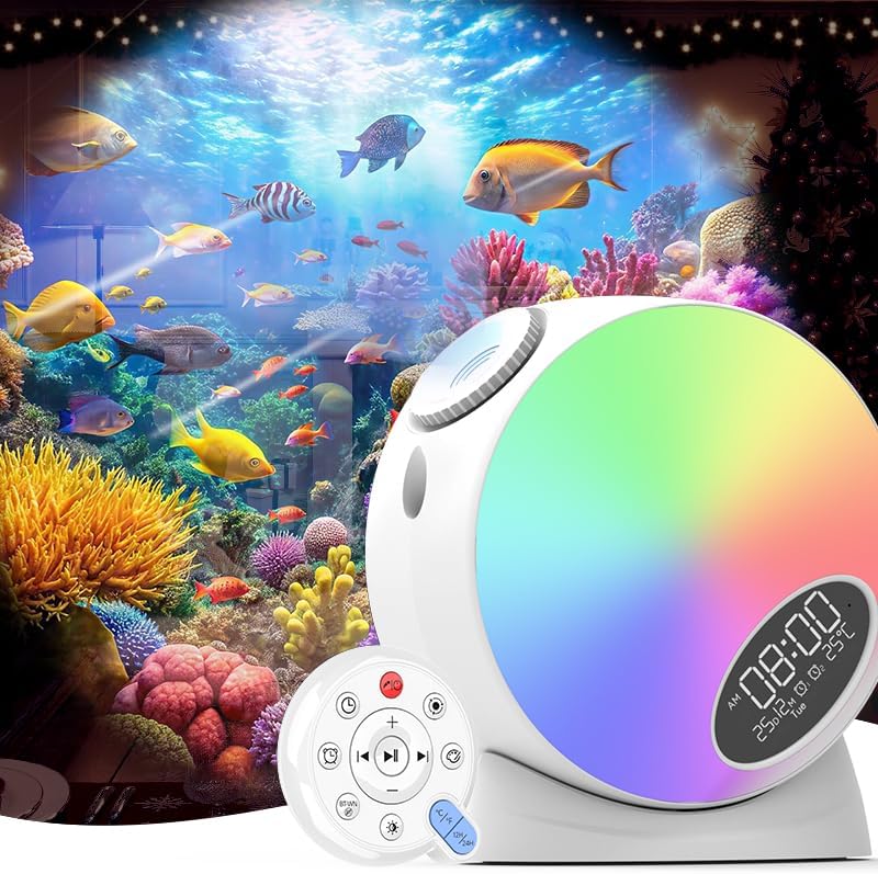 Colorful underwater galaxy projection scene with digital alarm clock