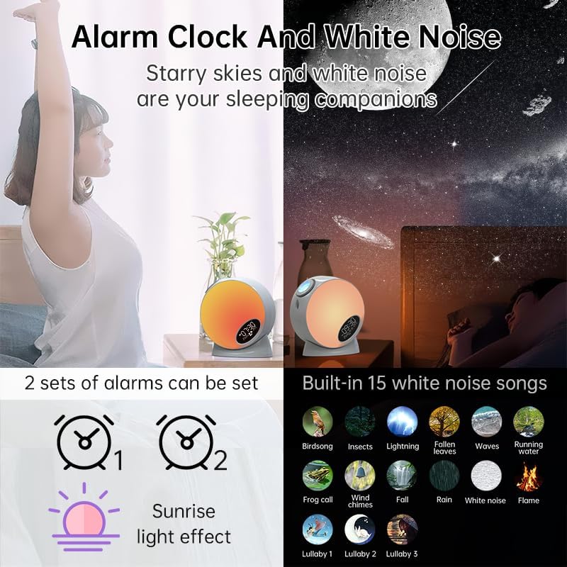 Dual alarm clock with white noise and sunrise simulation features