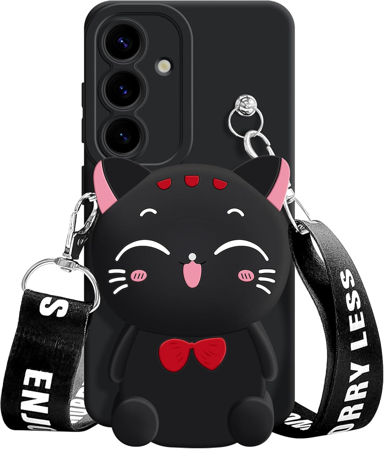 Samsung Galaxy S24 black cat phone case with cute 3D cat design front view
