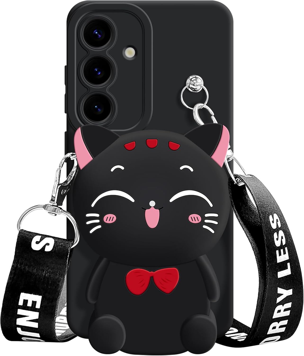 Samsung Galaxy S24 black cat phone case with cute 3D cat design front view