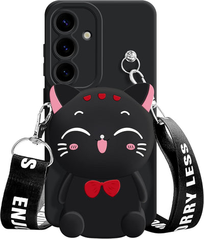 Samsung Galaxy S24 Black Cat Phone Case with Strap – Kawaii Crossbody Wallet Pouch & Stand