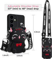 Galaxy S24 kawaii black cat case with adjustable shoulder strap