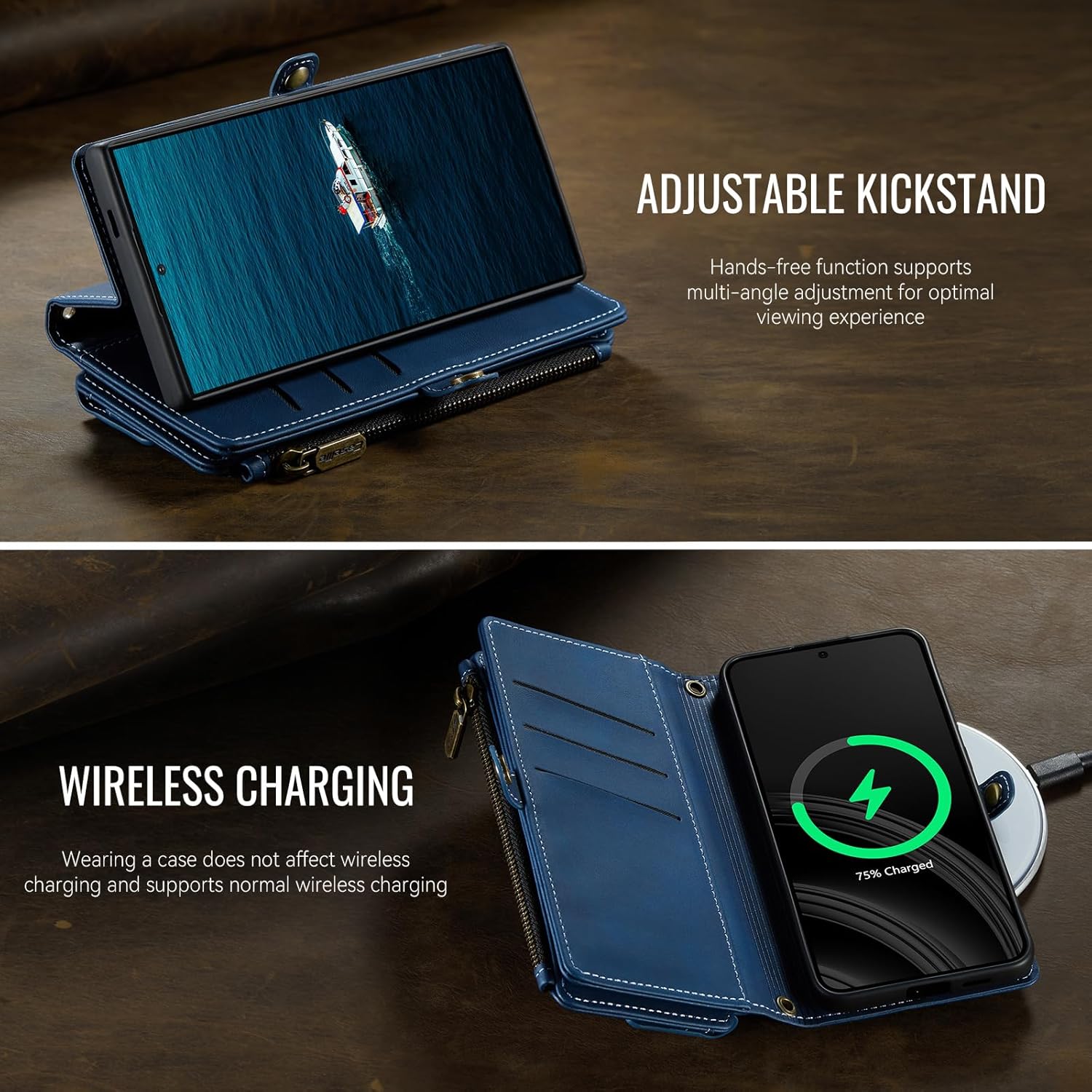 Phone case in kickstand position and wireless charging on Galaxy S25 Ultra
