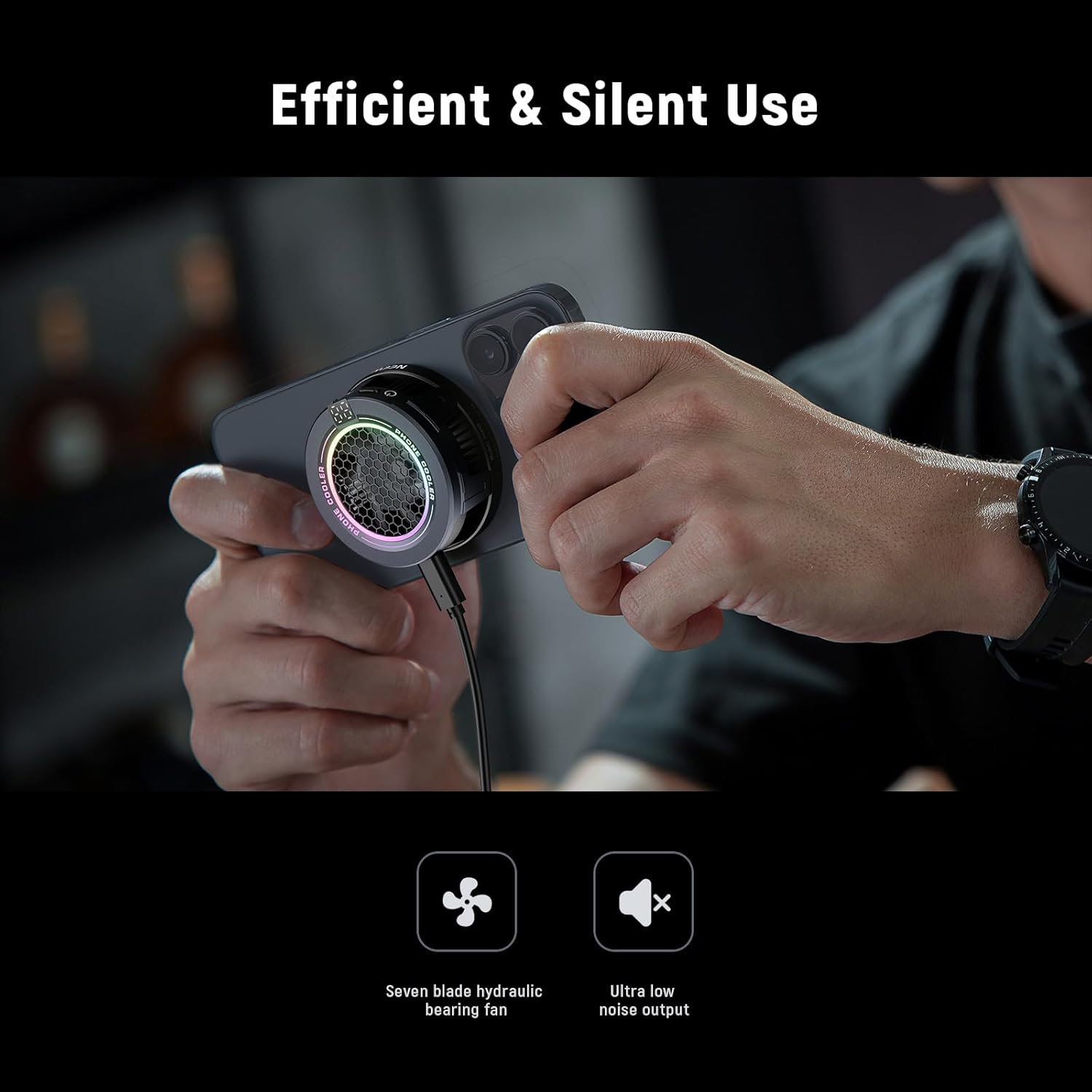 Man gaming with silent, efficient NEEWER phone cooling fan attached to phone