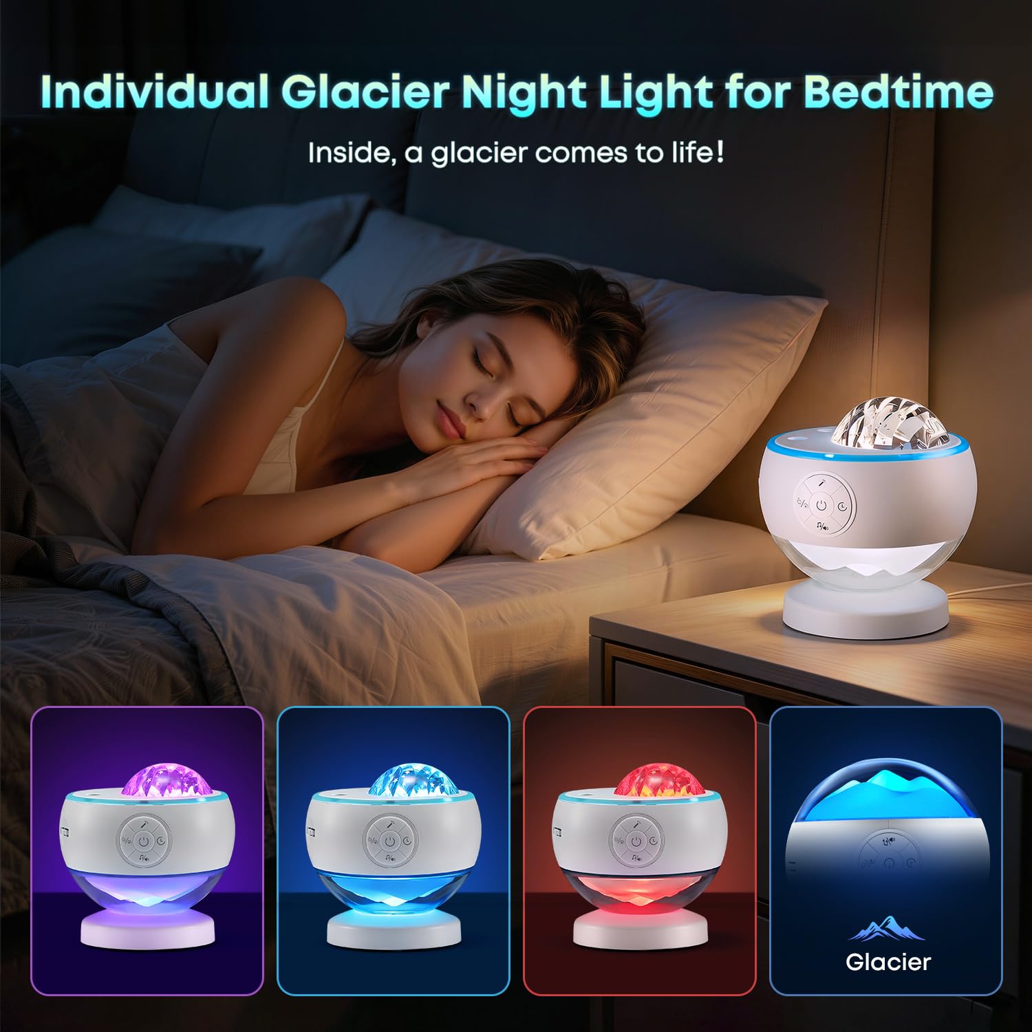 Glacier-style aurora night light projector beside a bed