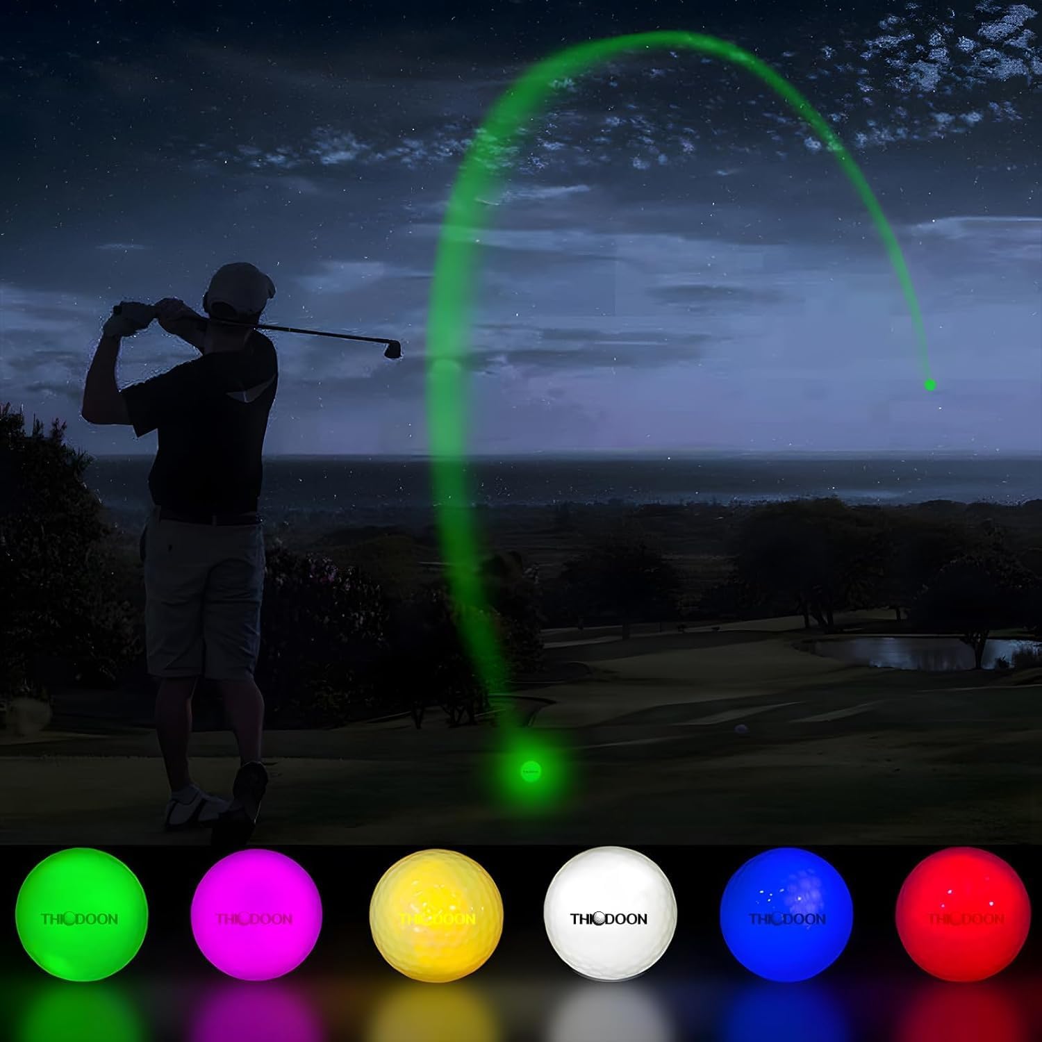 Glowing LED golf ball visible during night golf shot