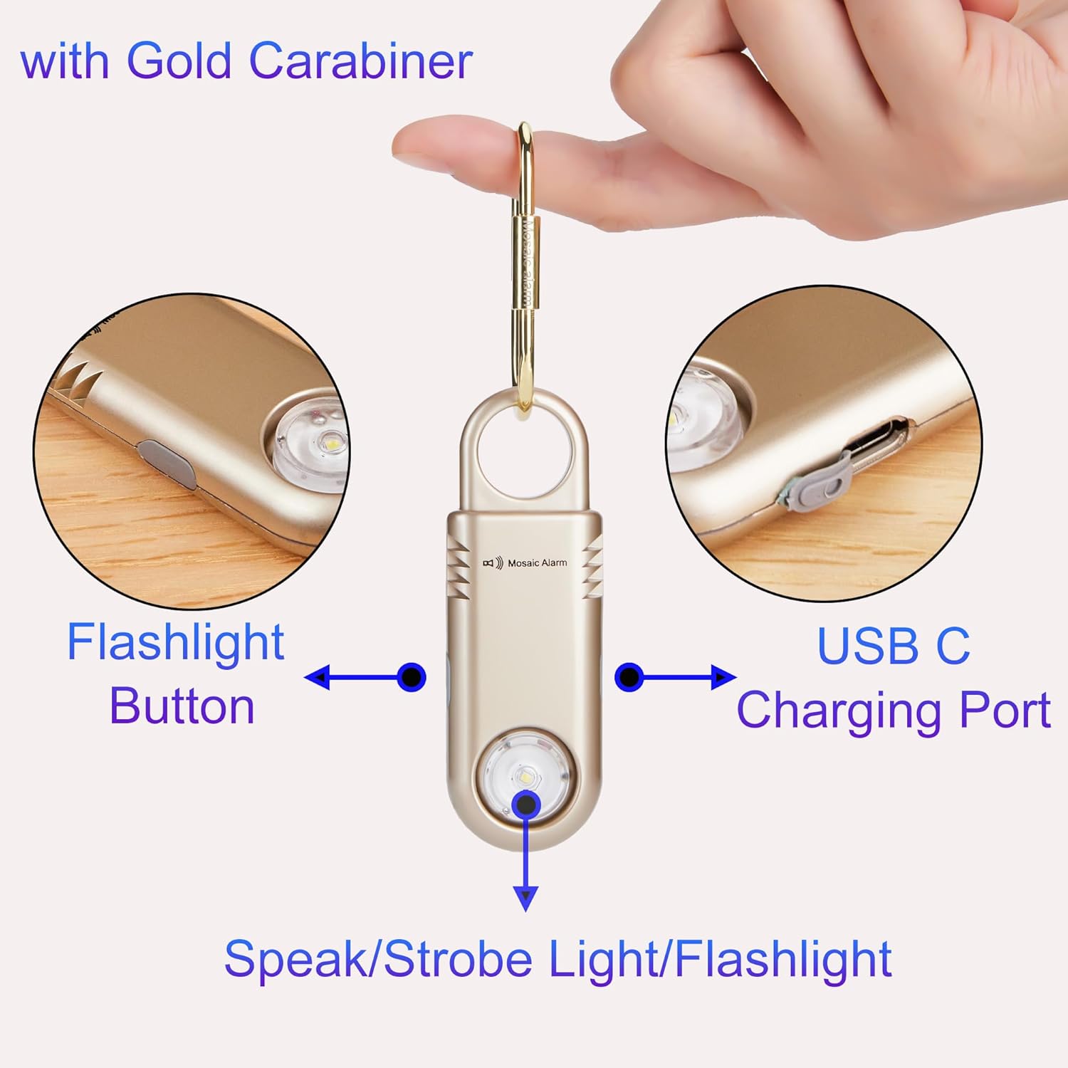 Close-up of flashlight button, USB-C port, and gold carabiner on alarm device
