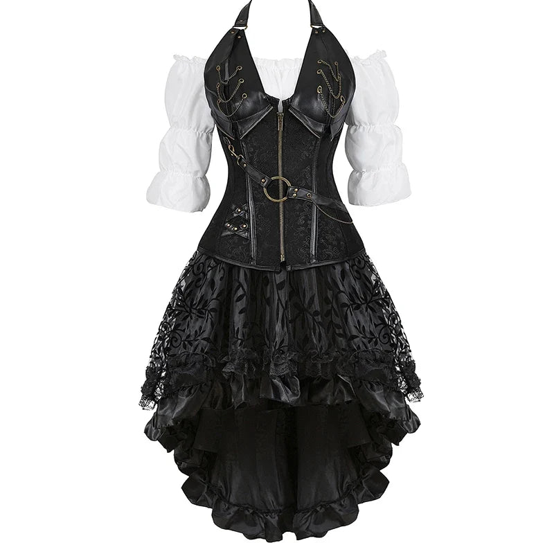 Black chain-detail piratecore corset outfit with lace skirt