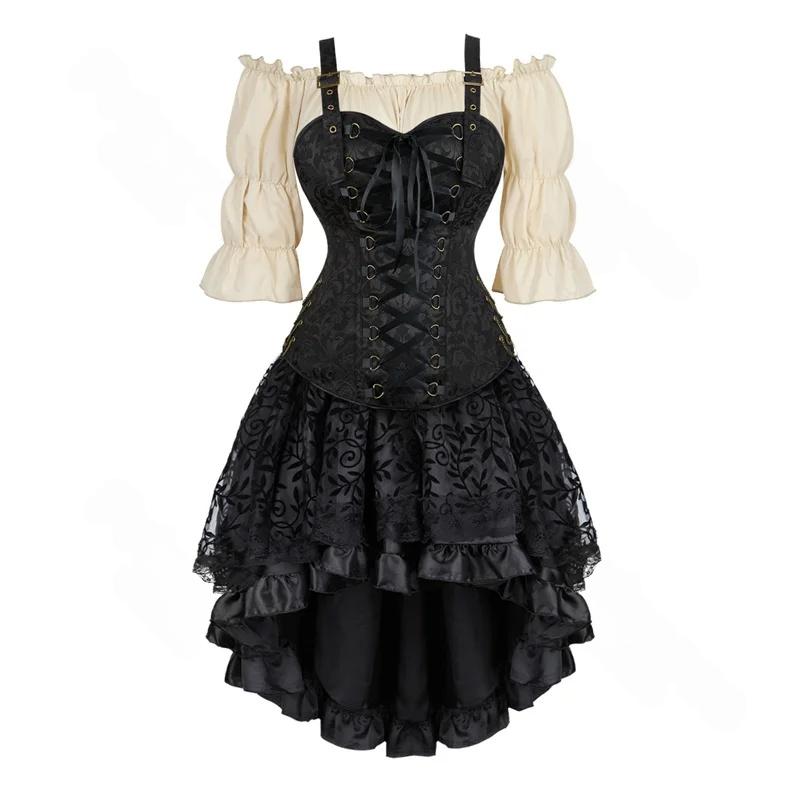 Black lace-up piratecore corset outfit with cream blouse and black lace skirt