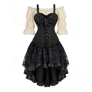 Black lace-up piratecore corset outfit with cream blouse and black lace skirt