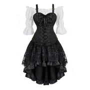 Black lace-up piratecore corset outfit with white blouse and black lace skirt