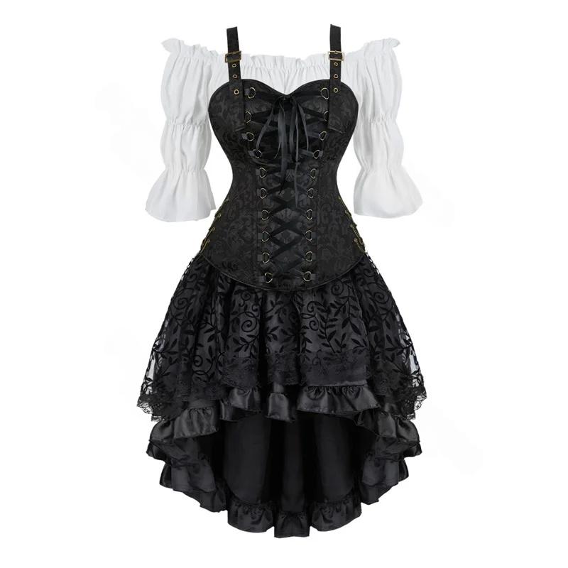 Black lace-up piratecore corset outfit with white blouse and black lace skirt