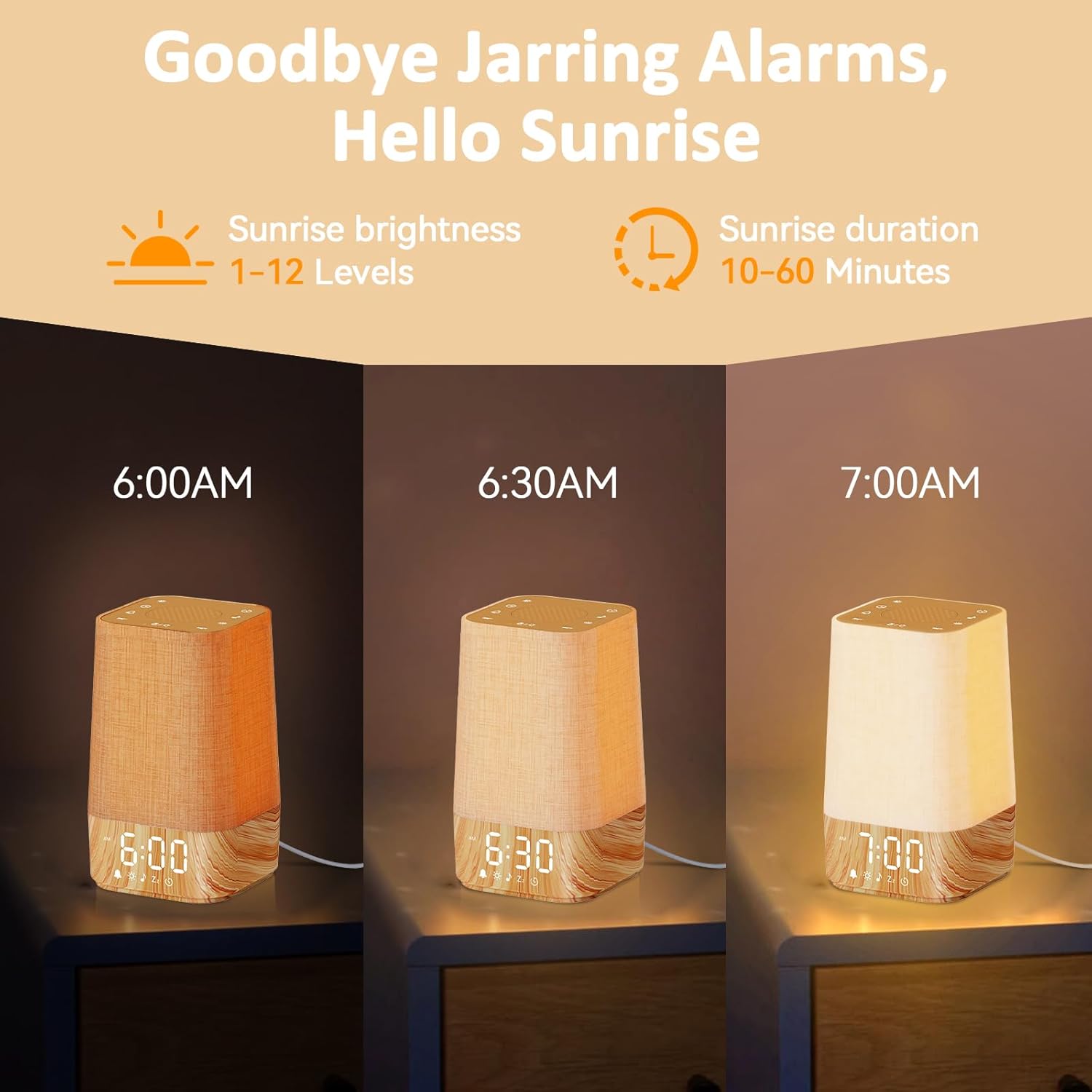 Wake-up light showing sunrise brightness increasing over time.