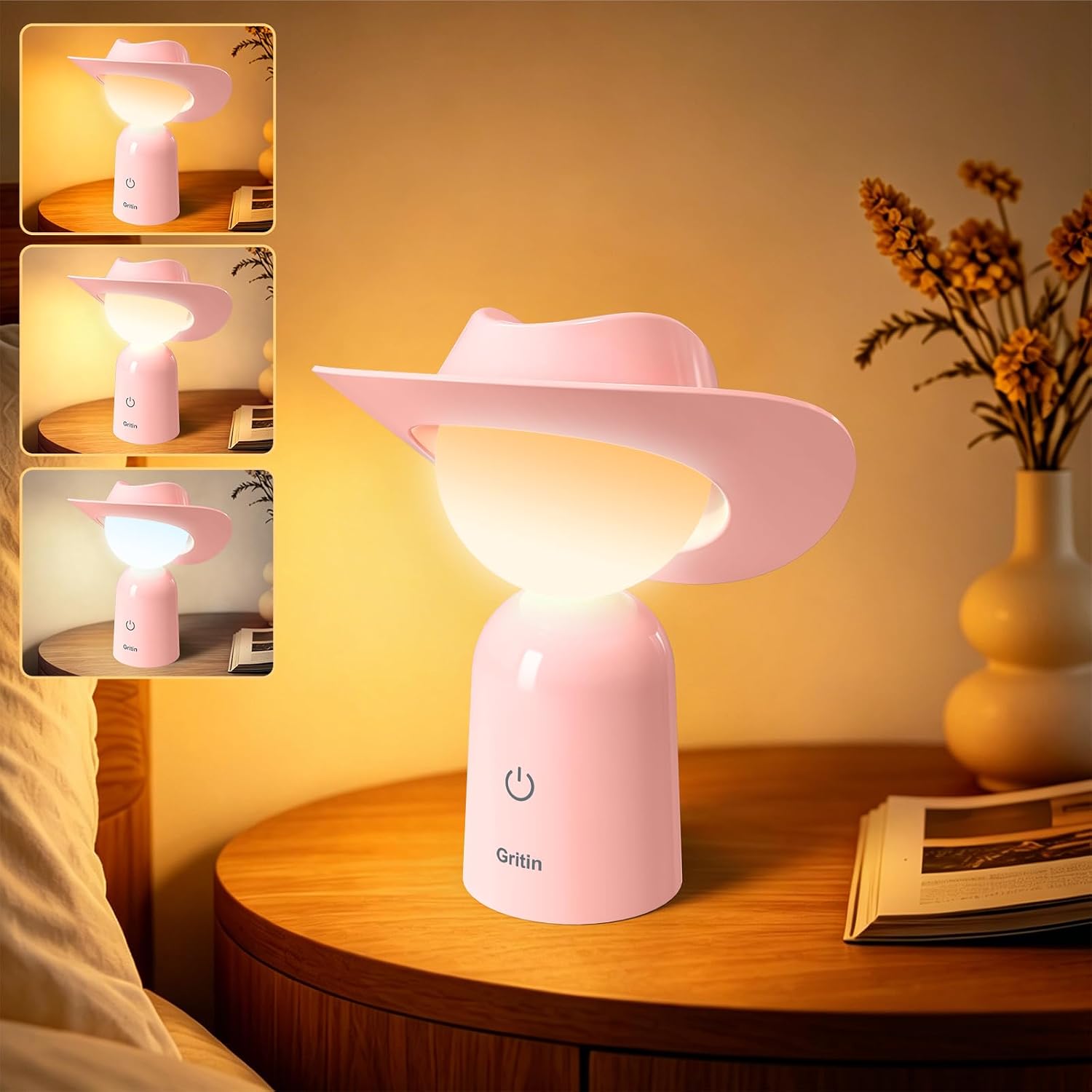 Gritin pink cowboy hat LED night light on bedside table