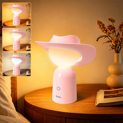 Gritin Cowboy Hat LED Night Light, Rechargeable Pink Bedside Lamp
