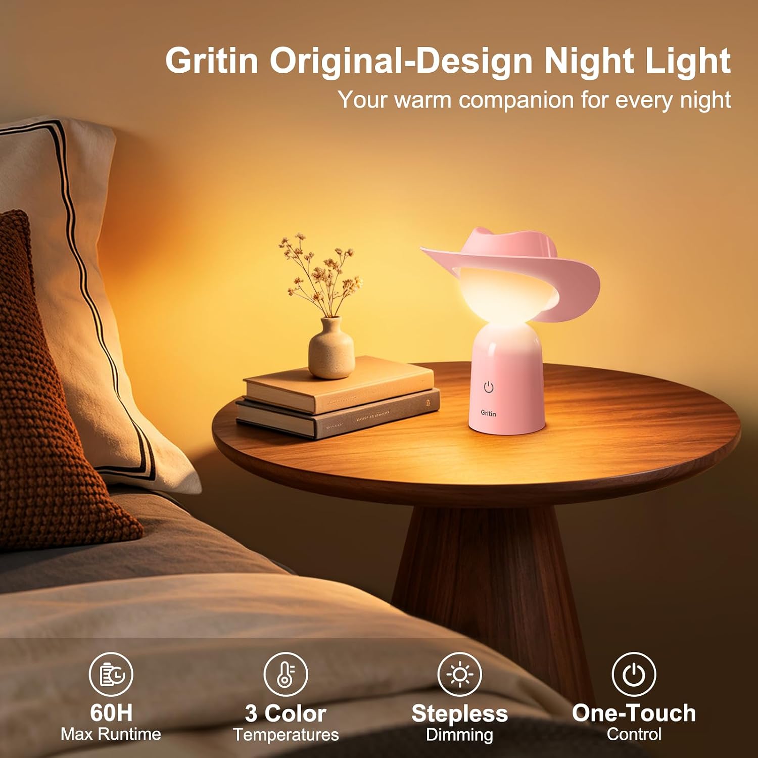 Gritin pink cowboy hat bedside lamp with warm ambient lighting