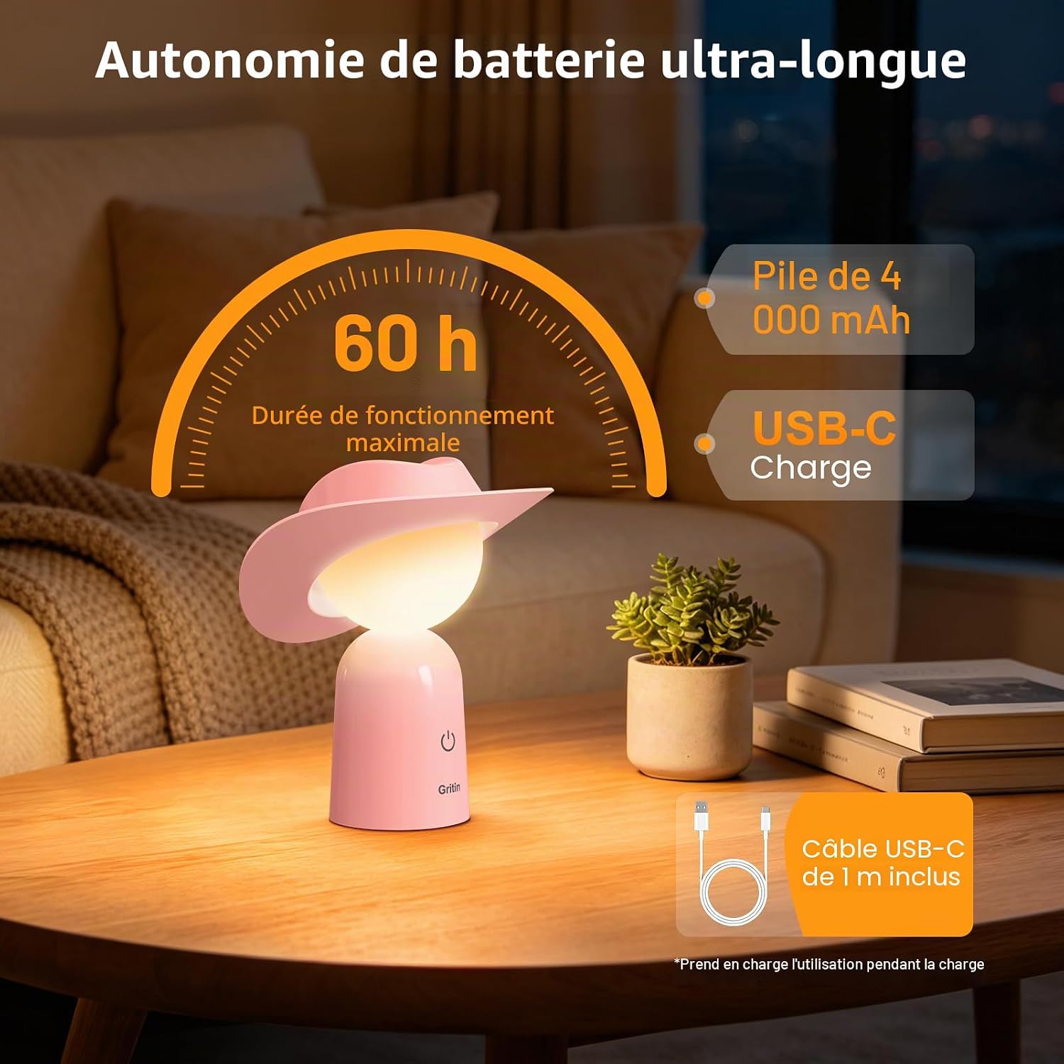 Gritin rechargeable night light with 4000mAh battery and USB-C charging
