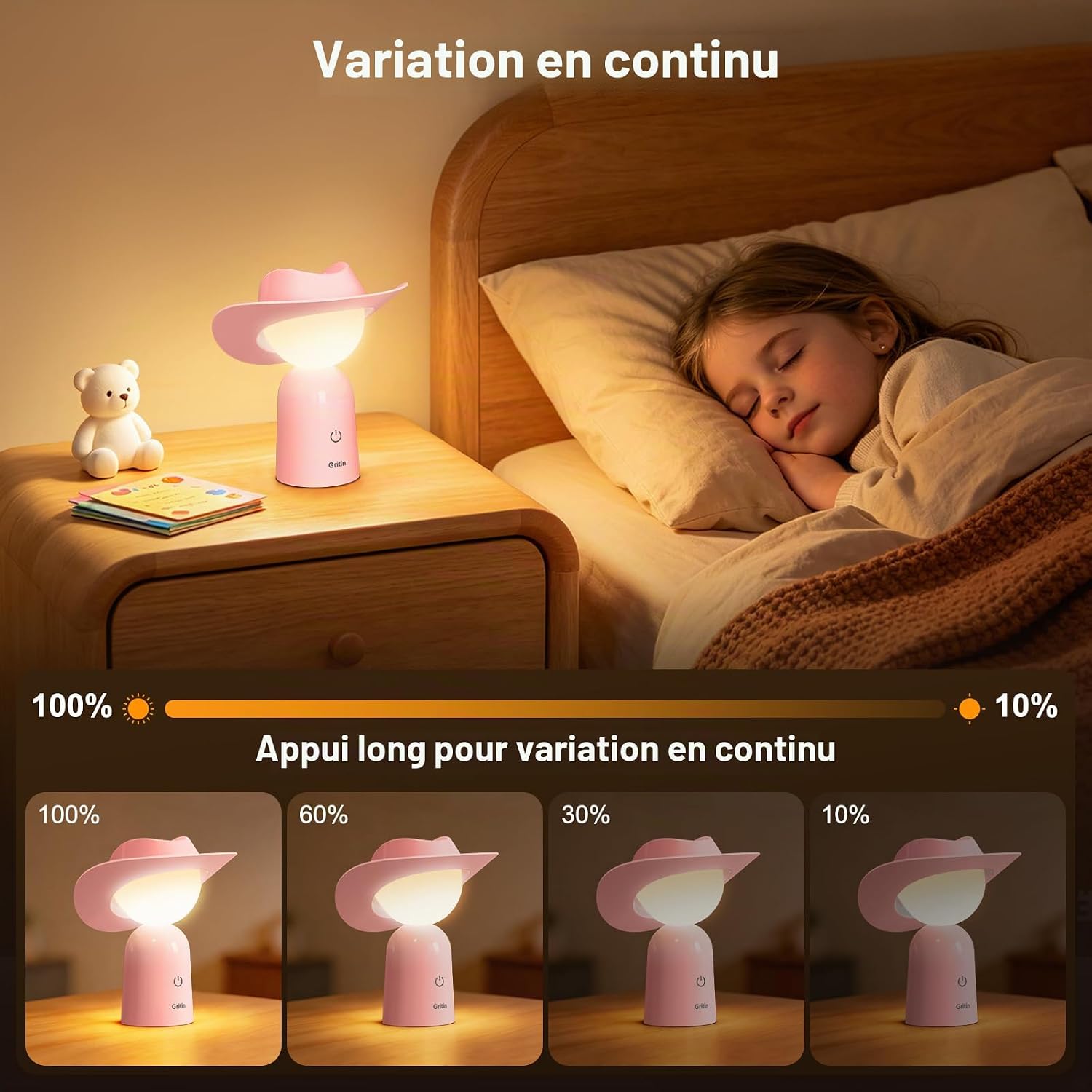 Gritin LED bedside lamp with stepless brightness dimming