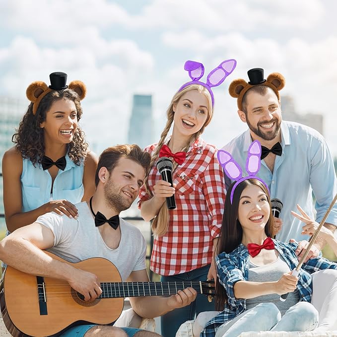 Group wearing bunny ears costume accessories at themed party