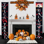 Halloween banner set decorating a fireplace with pumpkins and autumn wreath