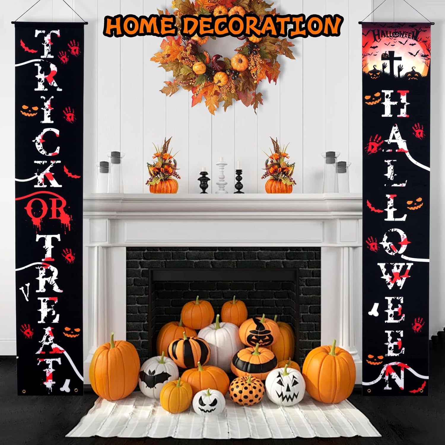 Halloween banner set decorating a fireplace with pumpkins and autumn wreath