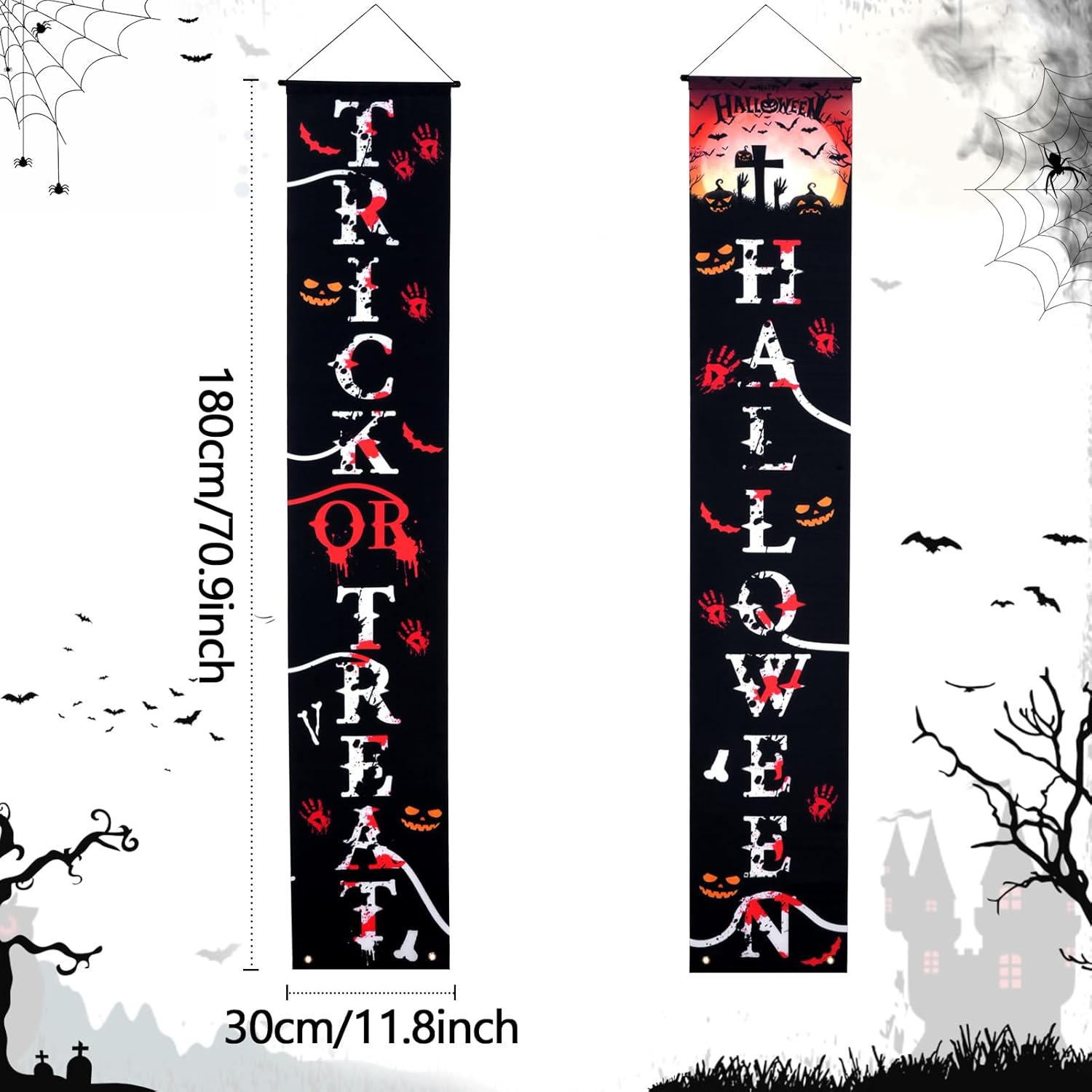 Size guide for Halloween banner showing dimensions 180cm by 30cm