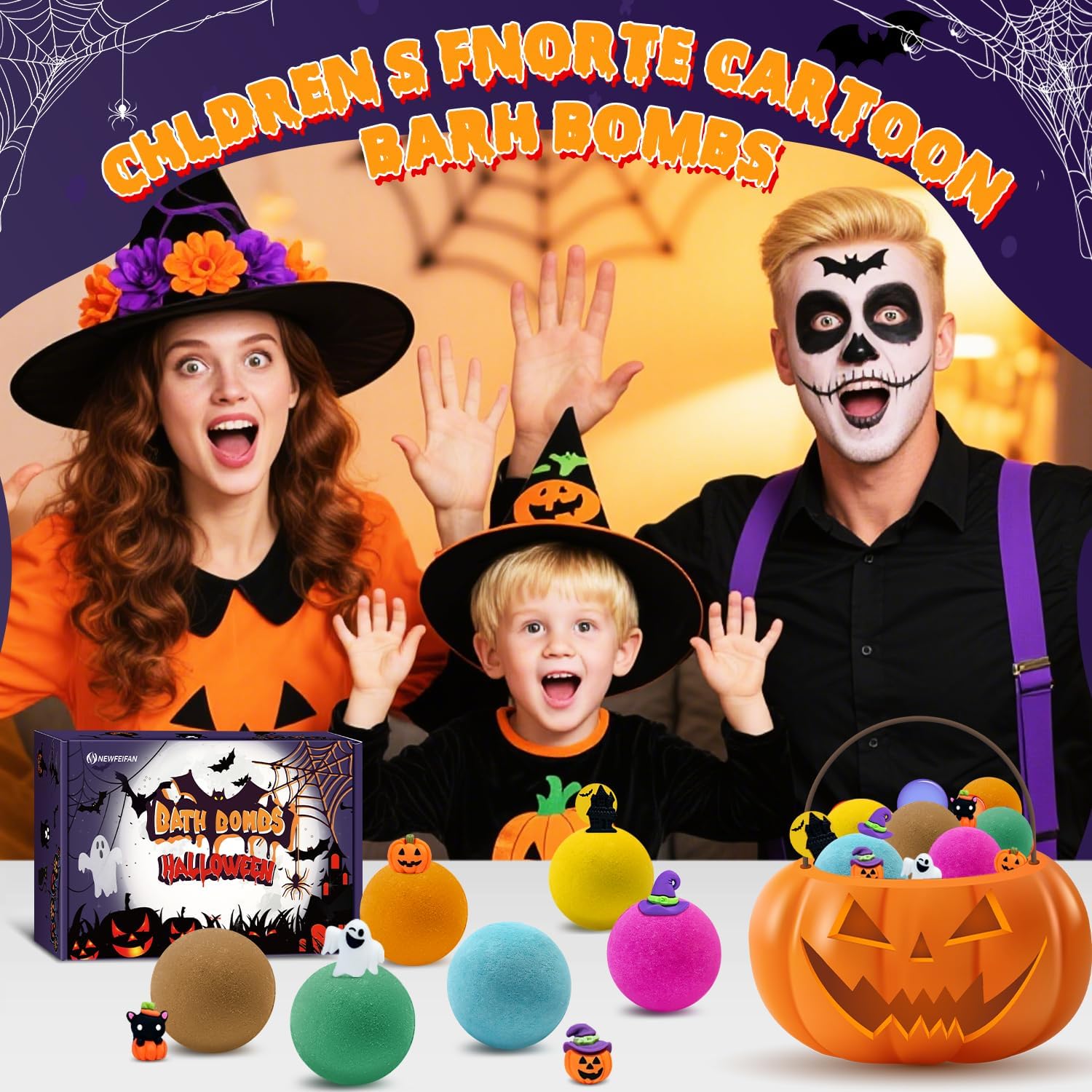 Family dressed for Halloween enjoying bath bomb gift set
