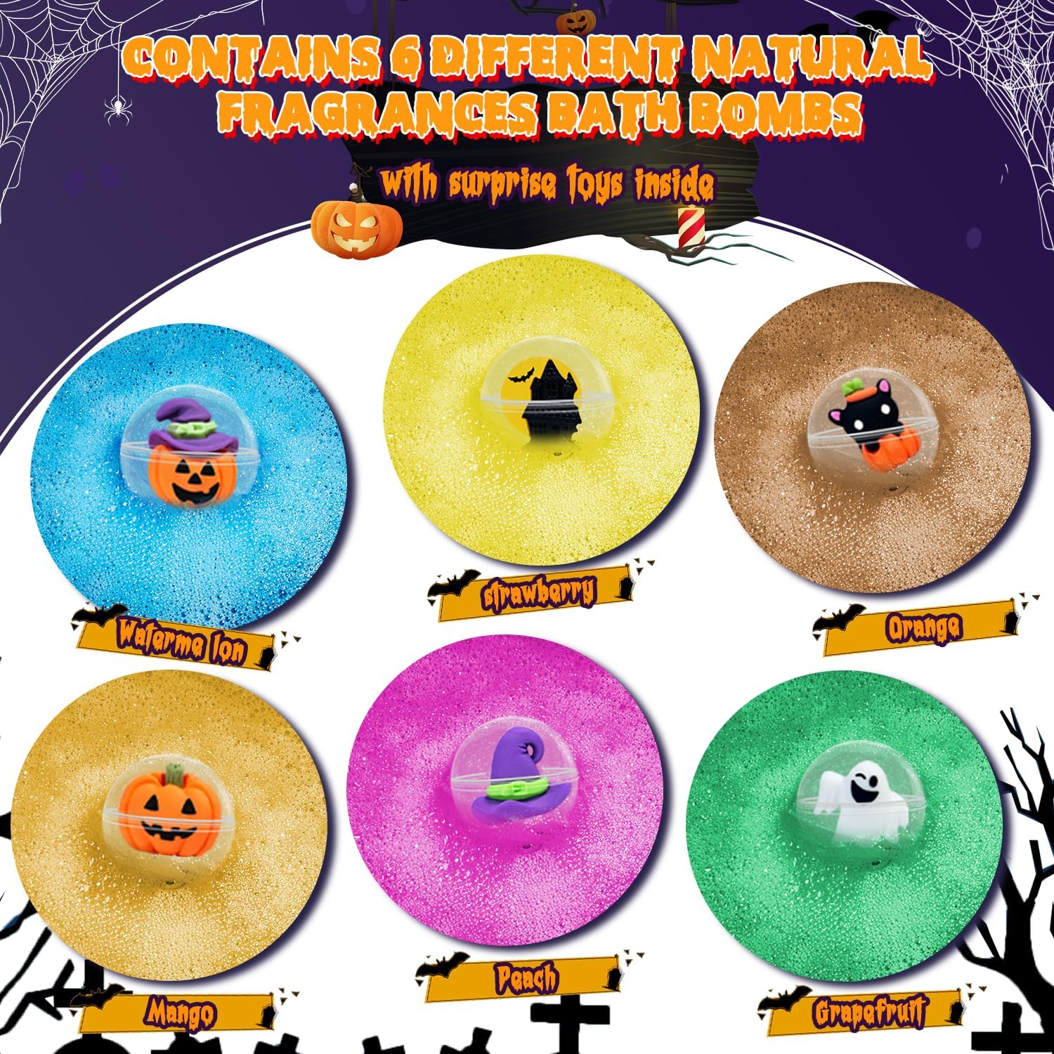 Six natural fragrance bath bombs with Halloween toy surprises