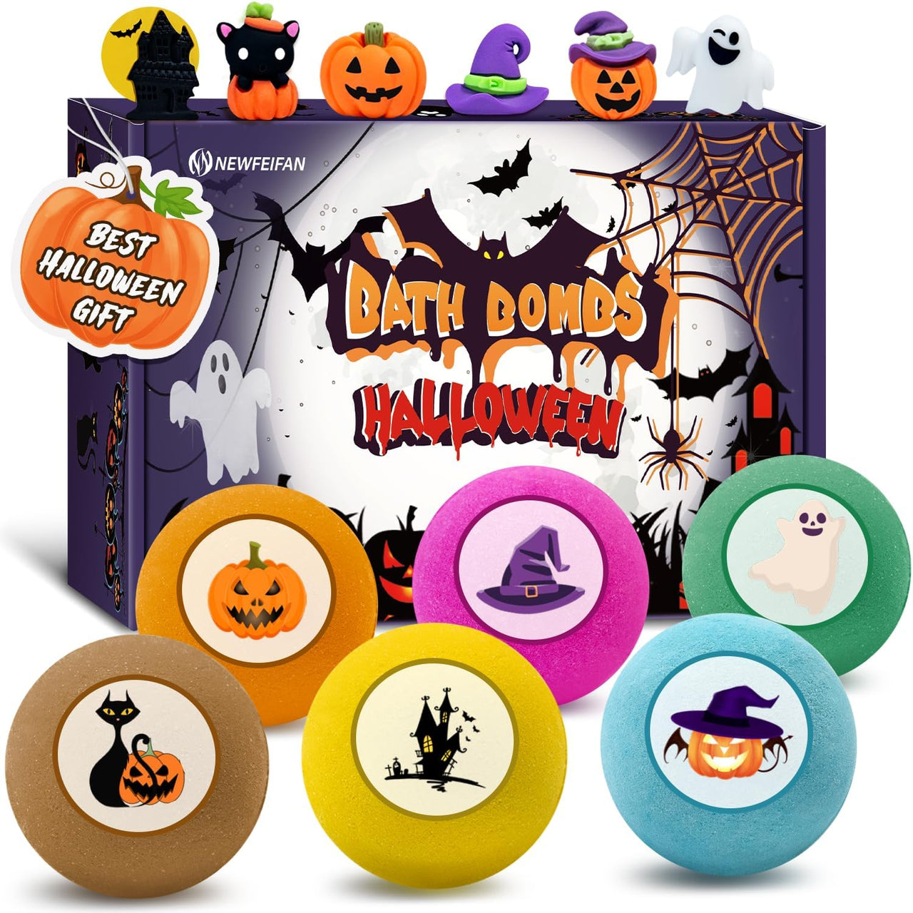 Set of 6 colorful Halloween-themed bath bombs with surprise toys inside