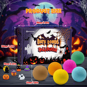 Product size chart with Halloween bath bombs and toy measurements