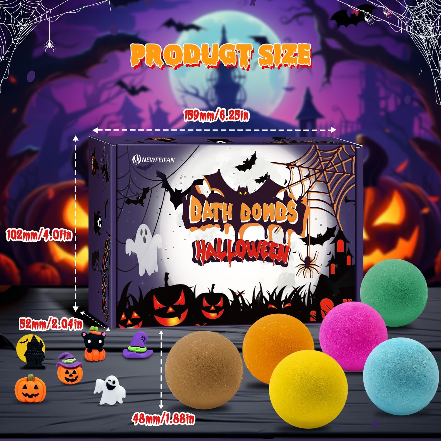 Product size chart with Halloween bath bombs and toy measurements