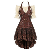 Brown halterneck piratecore corset outfit with zip front, chain details, and ruffled skirt