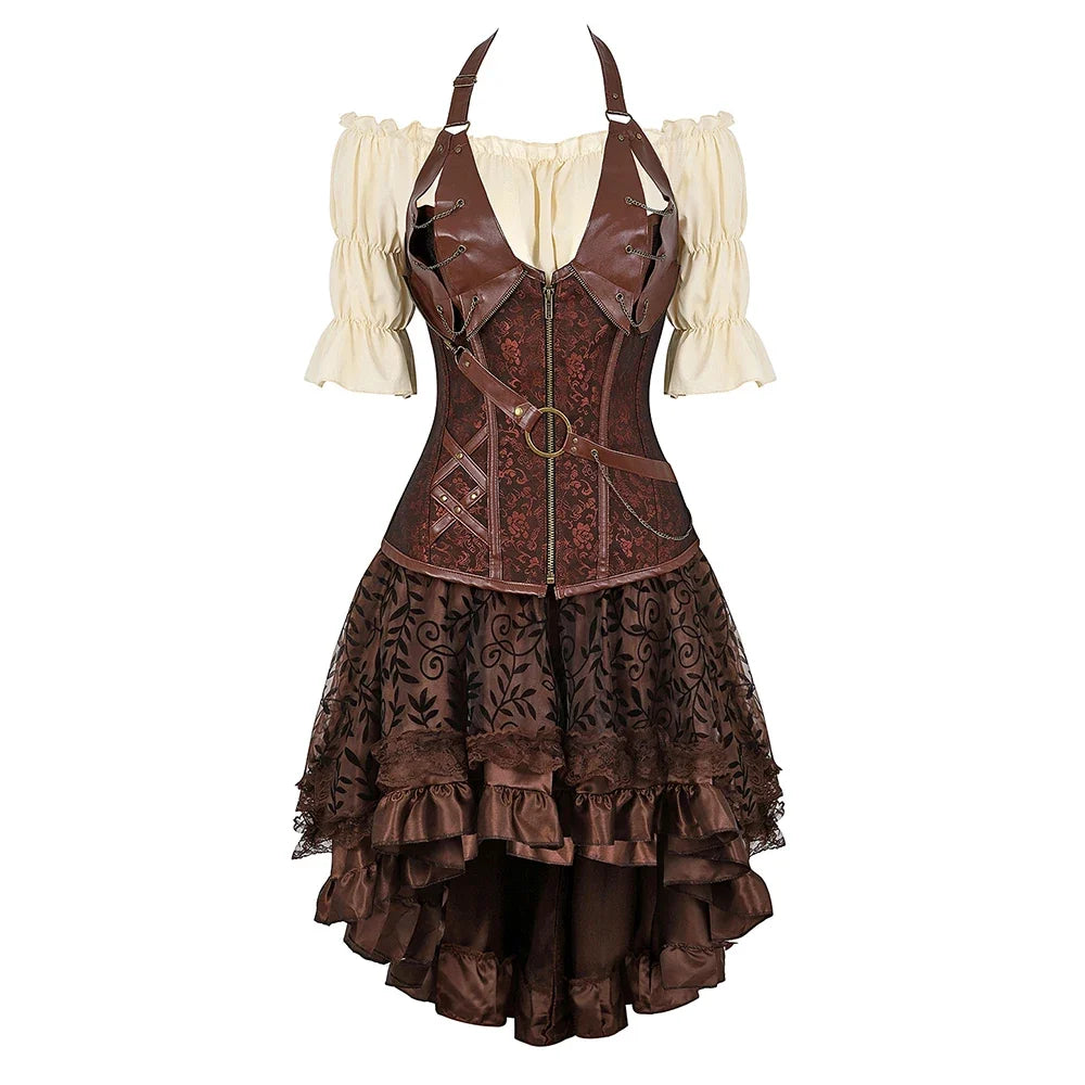 Brown halterneck piratecore corset outfit with zip front, chain details, and ruffled skirt