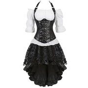 Black halterneck buckle corset dress with gothic lace skirt and white blouse