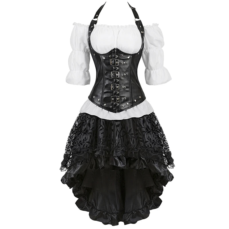 Black halterneck buckle corset dress with gothic lace skirt and white blouse