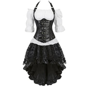 Black underbust corset outfit with white blouse and black lace skirt