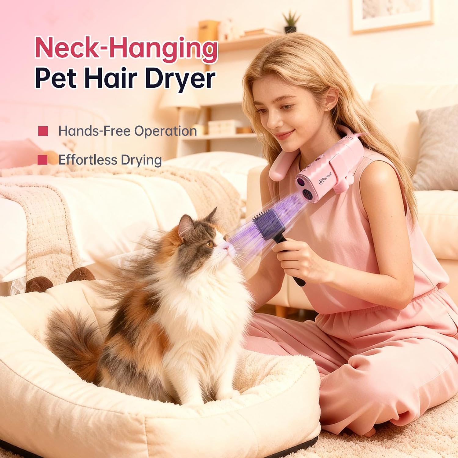 Neck-hanging hands-free cat hair dryer for at-home grooming