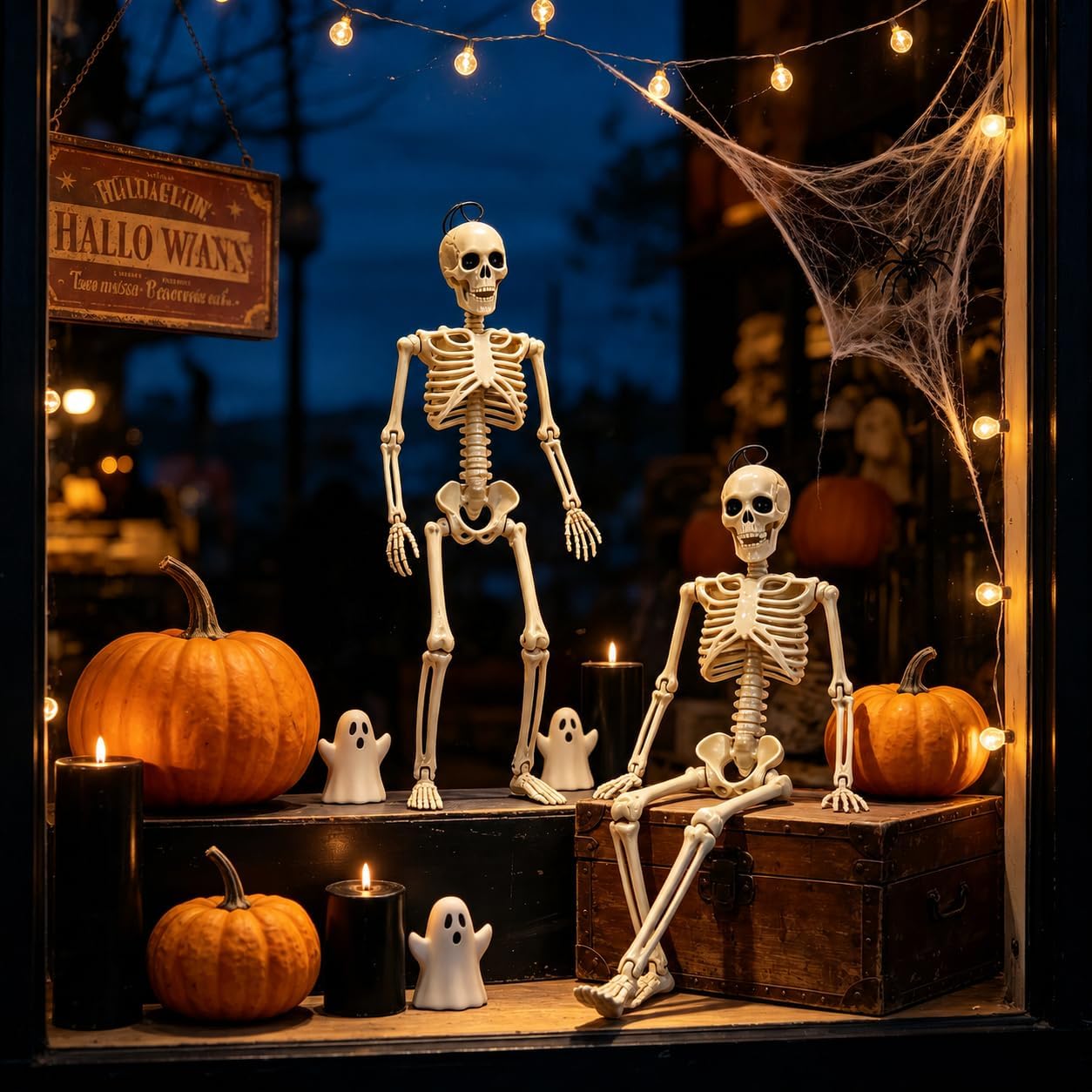 Two hanging skeleton decorations creating a Halloween porch display