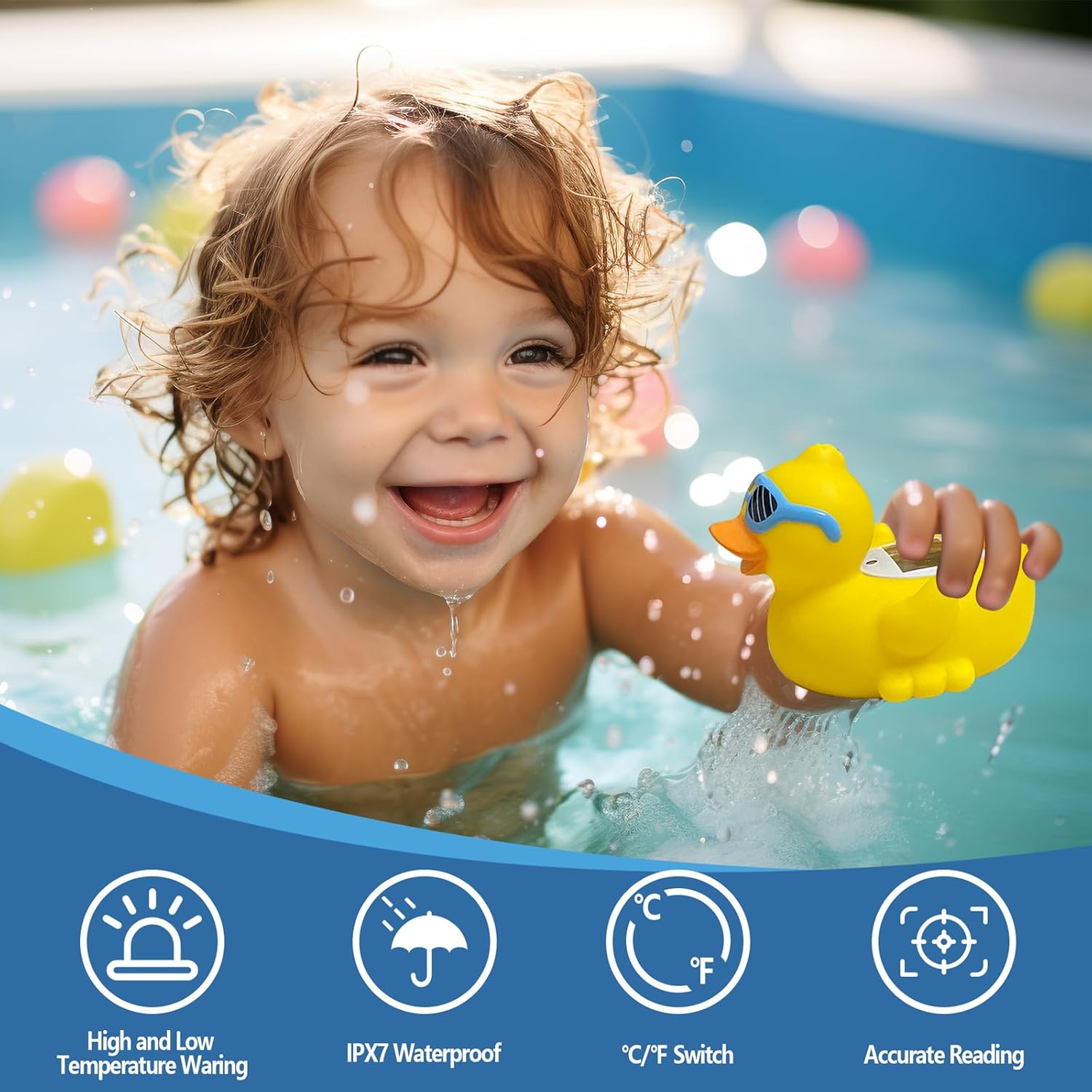 Toddler holding waterproof baby bath thermometer duck