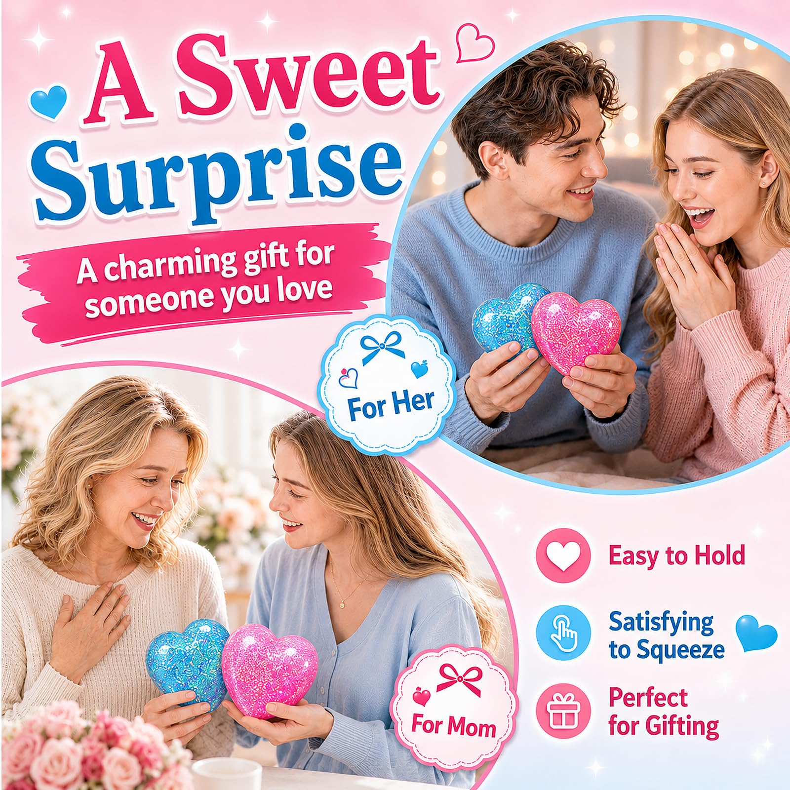 Pink and blue heart fidget toys presented as a cute gift
