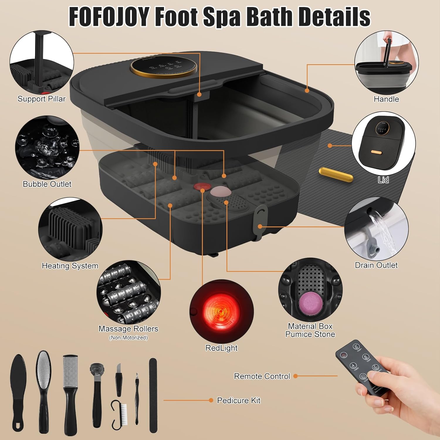 Heated foot spa features and massage roller details