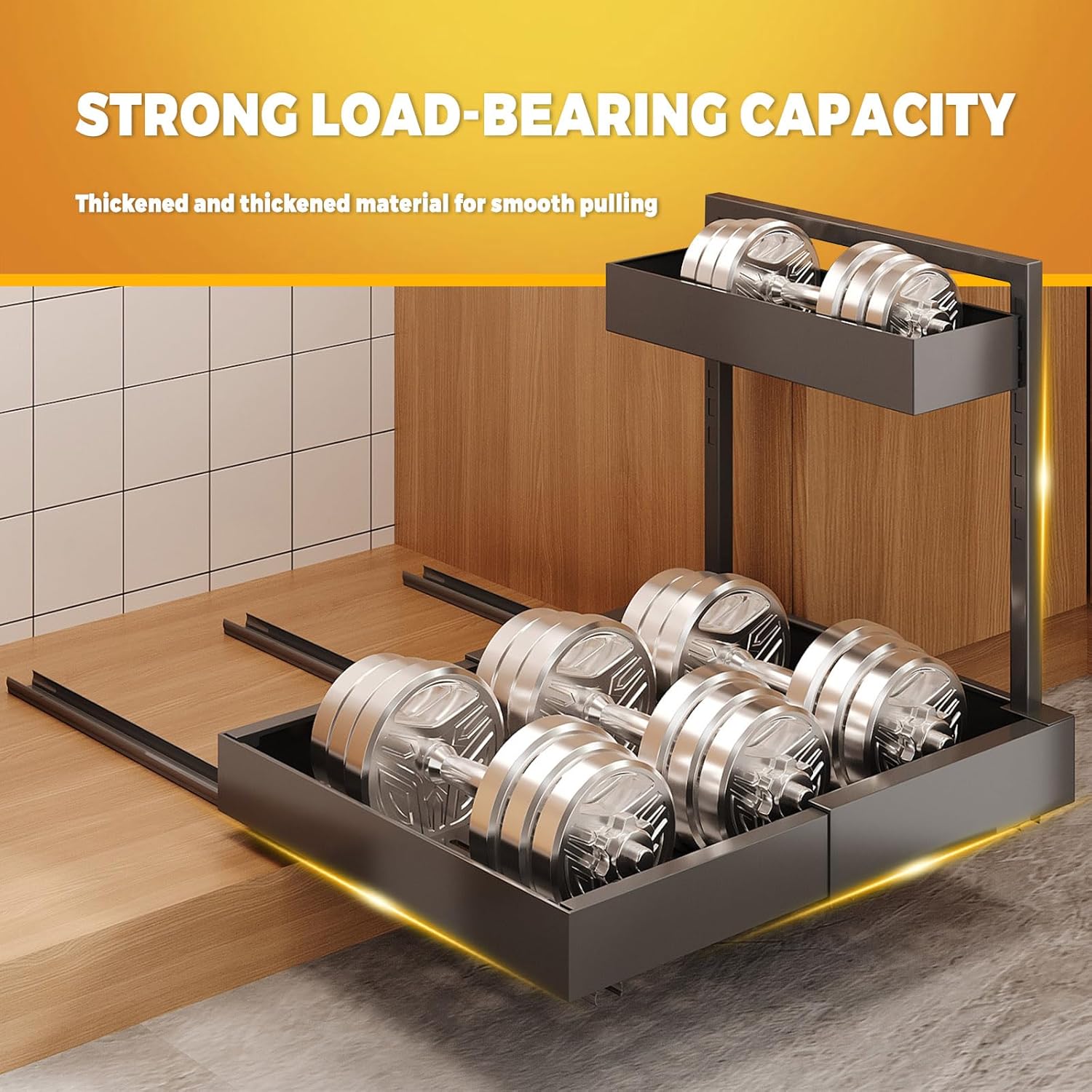 Strong load-bearing under sink storage rack holding multiple metal weights