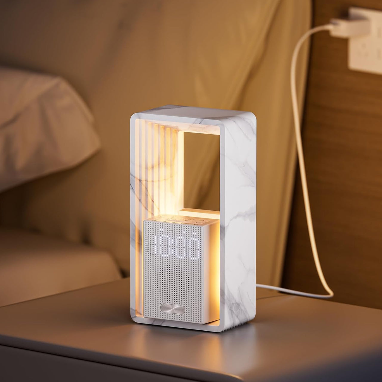 Hensam sunrise alarm clock with wake-up light and white noise machine on bedside table