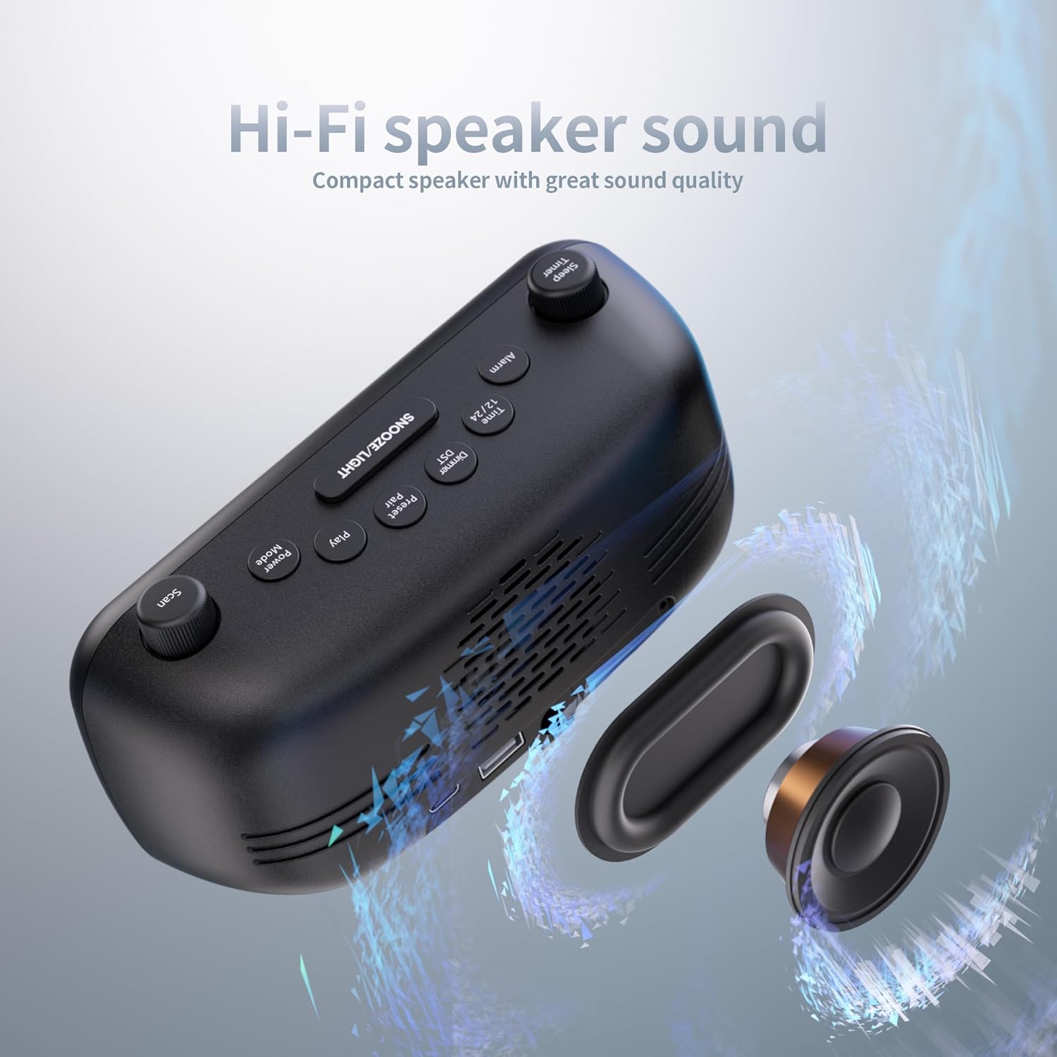 Top view of digital alarm clock with Hi-Fi speaker design and easy-to-use buttons