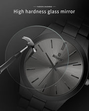 Demonstration of high-hardness glass on black men's quartz watch with hammer