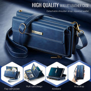 Premium blue wallet case with strap, magnetic flap, and phone holder