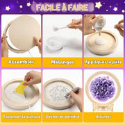 Step-by-step process showing how to assemble, texture, paint and light a DIY moon lamp