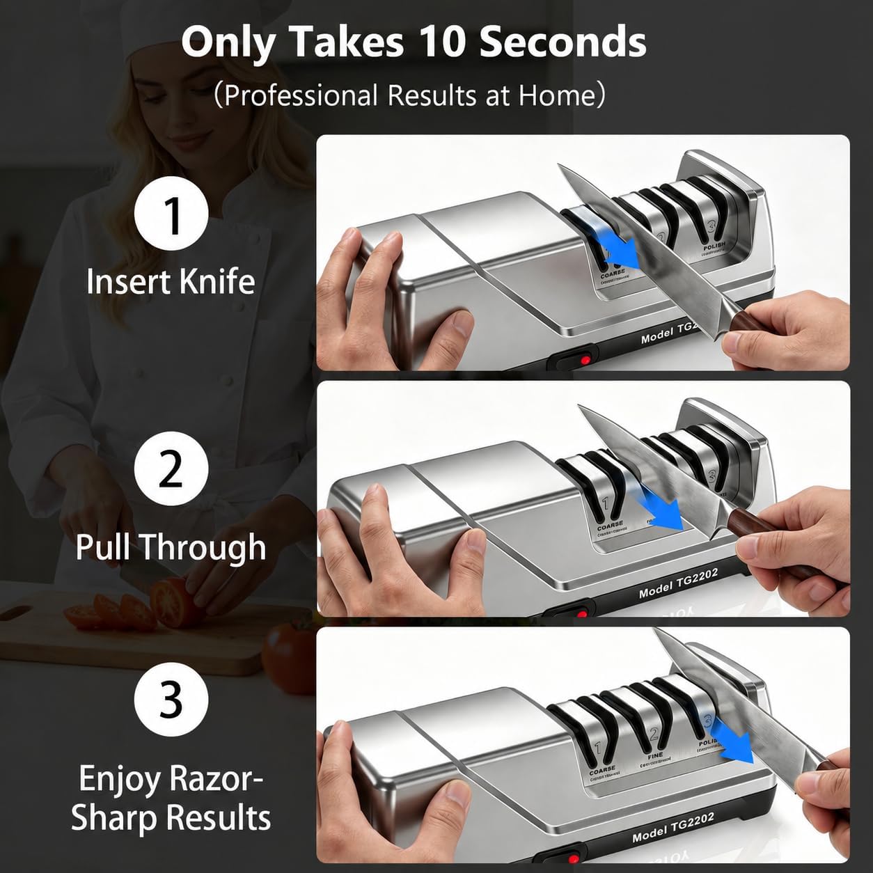 Three-step guide showing how to use the electric knife sharpener