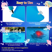 Instructions showing how to inflate and use the solar floating turtle pool light